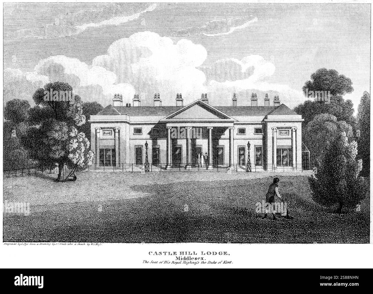 Gravure de Castle Hill Lodge, Middlesex. Le siège de son Altesse Royale le duc de Kent a été numérisé à haute résolution à partir d'un livre publié en 1815 Banque D'Images