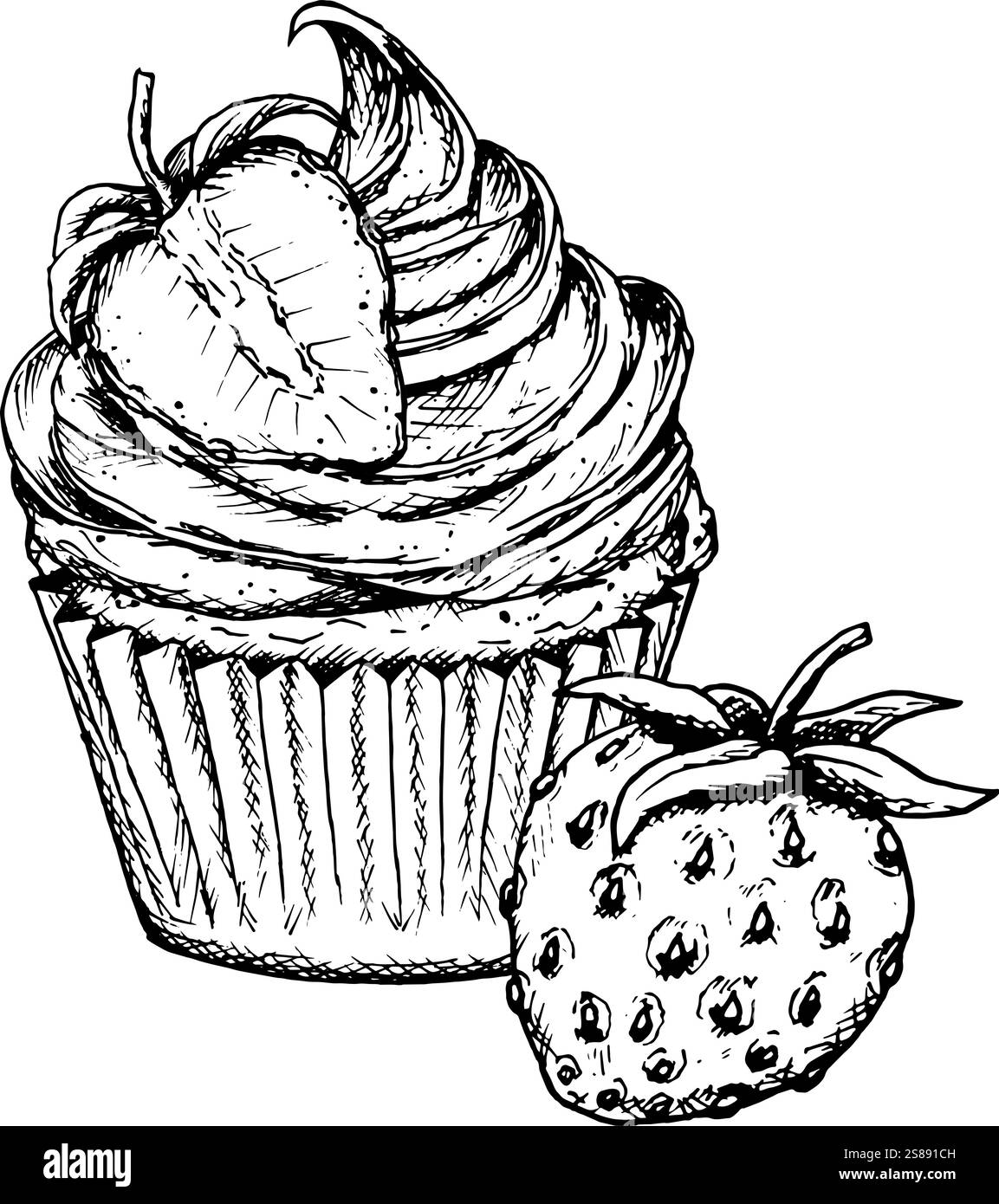 Un délicieux croquis à l'encre d'un cupcake recouvert de crème fouettée et de fraises, dessiné en noir et blanc. Parfait pour la cuisson des motifs, la Saint-Valentin Illustration de Vecteur