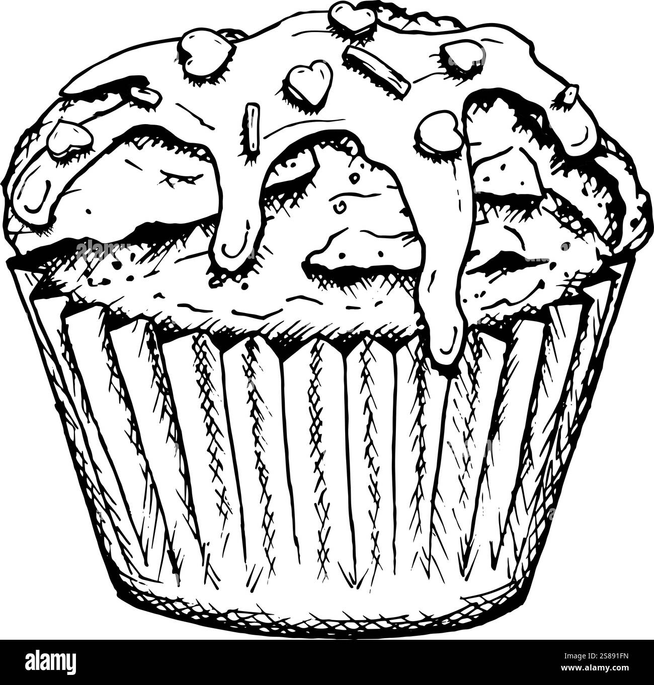 Illustration vectorielle d'un cupcake surmonté de glaçure dégoulinante, de glaçage et de saupoudres en forme de coeur. Dessiné à la main en noir et blanc, parfait Illustration de Vecteur