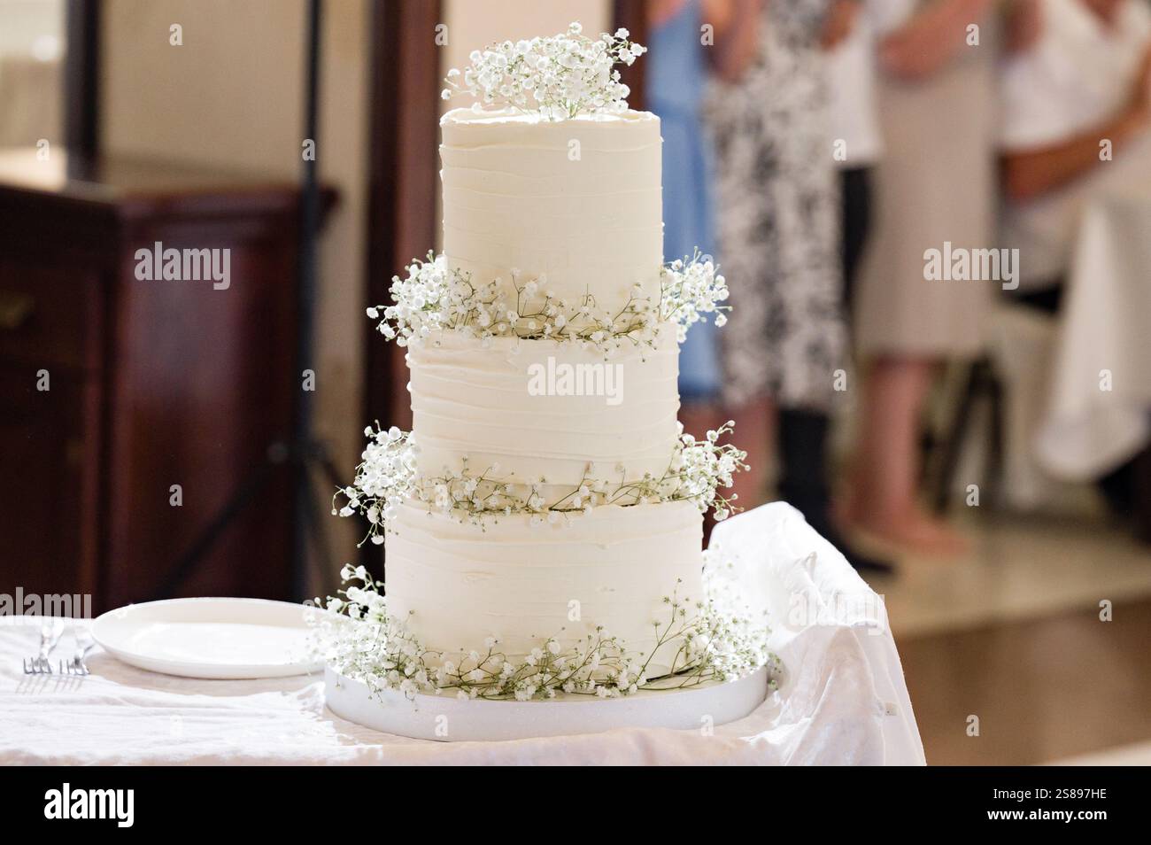 Un superbe gâteau de mariage à trois couches, givré avec un glaçage blanc texturé et décoré avec le souffle de bébé. Le gâteau repose sur une table blanche, avec flou Banque D'Images