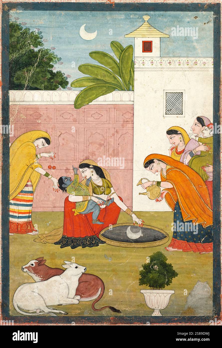 Krishna atteignant la Lune, vers 1820 peinture miniature (24cm x 16 cm) montrant le Dieu hindou Krishna demandant la Lune à sa mère adoptive Yashoda et celle-ci lui offrit une assiette d’eau avec le reflet de la Lune. Banque D'Images Krishna atteignant la Lune, vers 1820 peinture miniature (24cm x 16 cm) montrant le Dieu hindou Krishna demandant la Lune à sa mère adoptive Yashoda et celle-ci lui offrit une assiette d’eau avec le reflet de la Lune. Banque D'Images