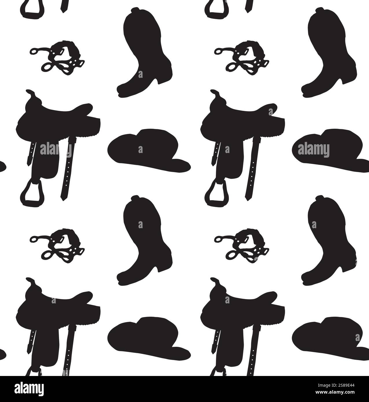 Vecteur modèle sans couture de croquis noir silhouette d'équipement équestre de cowboy occidental isolé sur fond blanc Illustration de Vecteur