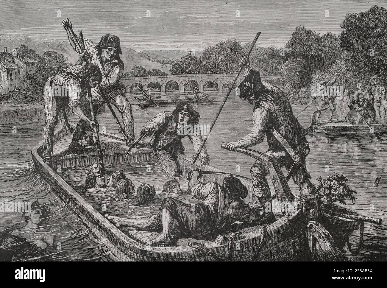 Révolution française. Exécutions massives par noyade sous le règne de la terreur à Nantes, France. Ils se sont déroulés entre novembre 1793 et février 1794. Toute personne arrêtée et emprisonnée pour avoir constamment refusé de soutenir la Révolution, ou soupçonnée d'être un sympathisant royaliste, en particulier des prêtres et des religieuses catholiques, a été jetée dans la Loire et noyée sur ordre de Jean-Baptiste Carrier, le représentant en mission à Nantes. Dessin de H. de la Charlerie. Gravure. Historique. Auteur : Hippolyte de la Charlerie (1827-1869). Artiste belge. Banque D'Images