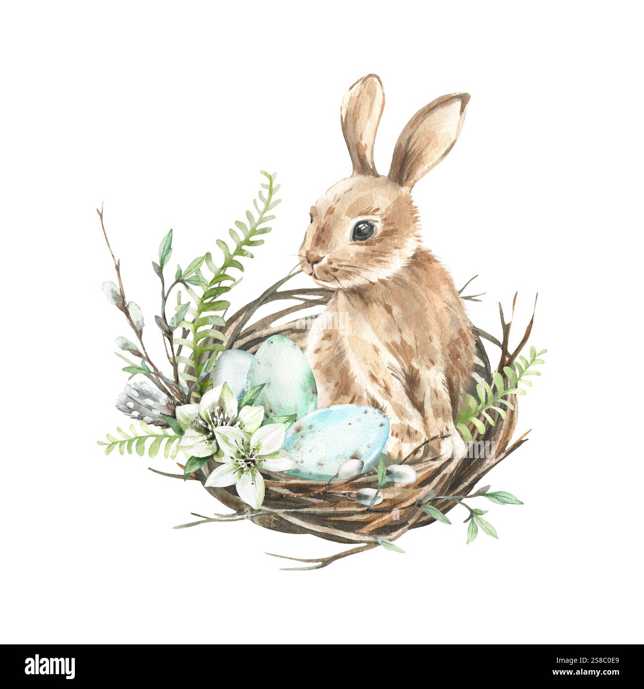 Composition d'aquarelle de Pâques avec lapin, nid, oeufs, fleurs d'hellebore et feuilles de fougères. Banque D'Images