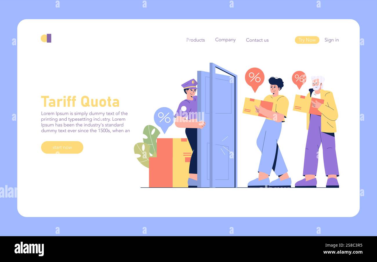 Concept des tarifs douaniers. Illustration d'un agent en uniforme inspectant des marchandises alors que les commerçants transportent des boîtes avec des icônes de pourcentage en hauteur. Réglementation du commerce international. Illustration vectorielle. Illustration de Vecteur