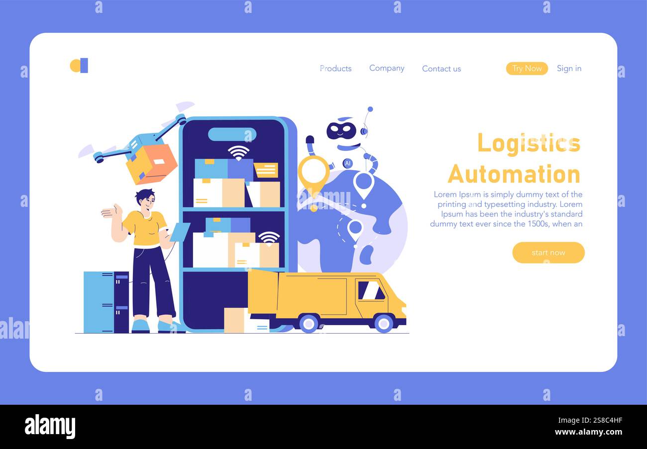 Concept d'automatisation logistique. Un système numérique efficace transformant la livraison des produits avec drones, IA et suivi GPS. Illustration vectorielle. Illustration de Vecteur