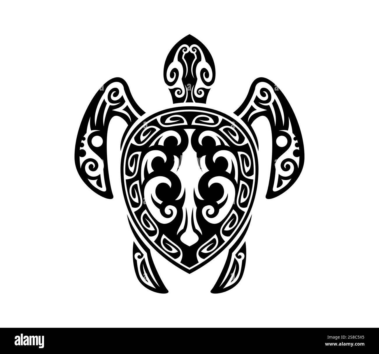 Tatouage animal reptile de tortue tribale maori, vecteur polynésien compris Silhouette isolée de tortue de mer avec motif abstrait géométrique noir blanc. Tatouage animal tribal traditionnel maori, hawaïen ou samoan Illustration de Vecteur