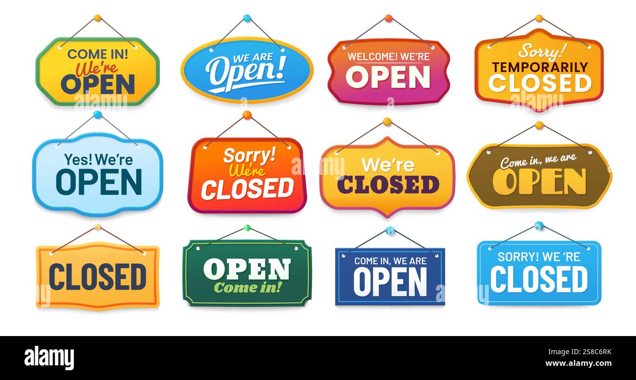 Panneaux de panneau de magasin ouverts et fermés, ensemble de panneaux d'avis vectoriels. Étiquettes de porte suspendues vintage de dessin animé et des bannières avec bienvenue, nous sommes ouverts et désolés que nous sommes des signes fermés, magasin, café et étiquettes de couleur de bar Illustration de Vecteur