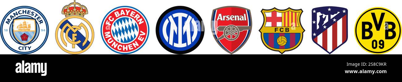 Vinnitsa, Ukraine - 16 janvier 2024 : Top, logo le plus popelar des équipes de football de football. Ligue des champions. Illustration éditoriale vectorielle Illustration de Vecteur