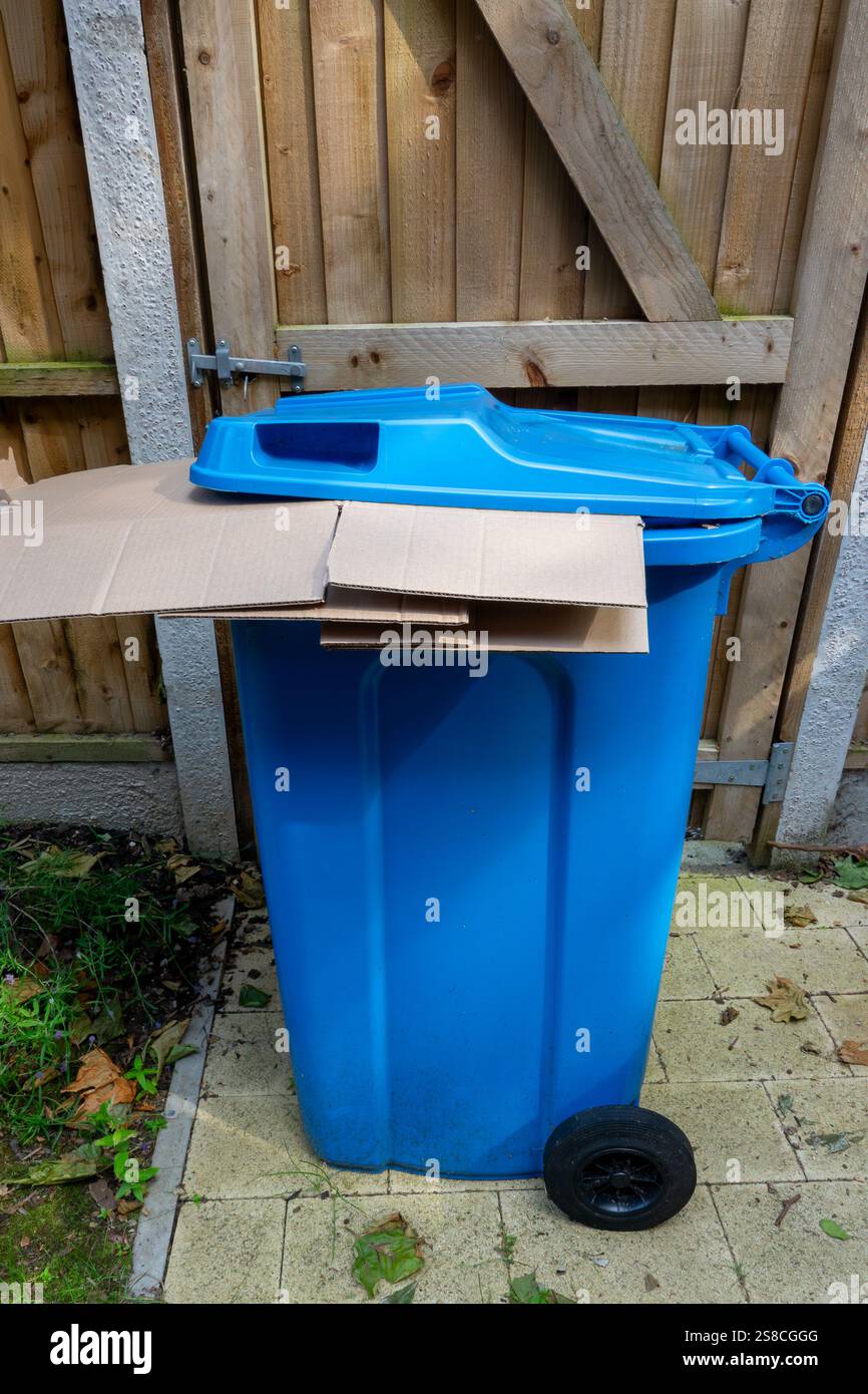 Cette image montre un bac de recyclage bleu, qui sont placés sur une zone pavée près d'une barrière en bois. Le bac est partiellement recouvert d'une pile de carton. Le Banque D'Images
