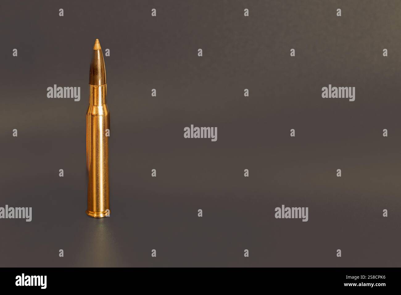 Munitions de fusil verticales .30-06 affichées en gros plan sur un fond sombre. Banque D'Images