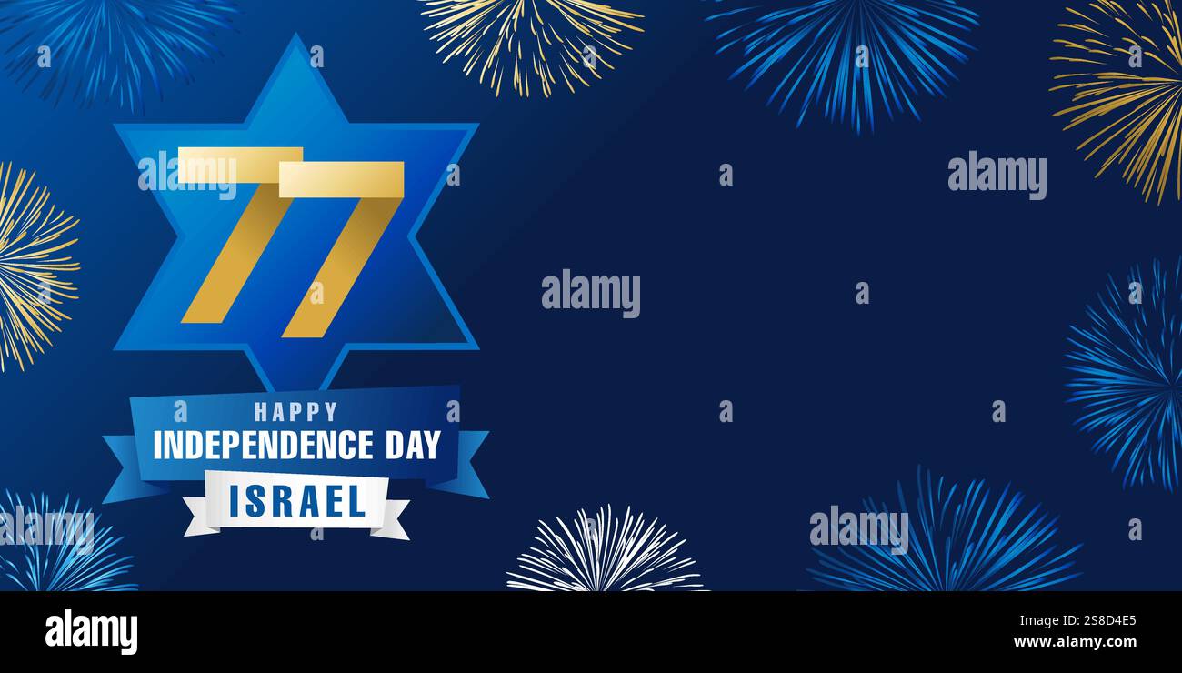 Affiche pour le 77e anniversaire du jour de l'indépendance d'Israël. Bannière de voeux avec 77 ans logo Yom Ha'atzmaut et feux d'artifice. Illustration vectorielle Illustration de Vecteur
