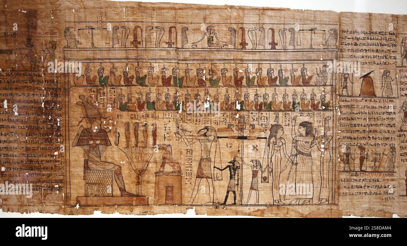 Osiris, 4 fils d'Horus sur la fleur de lotus, Ammit, et la pesée du coeur. Papyrus du Livre des morts de Tsekhons. Égypte. Banque D'Images