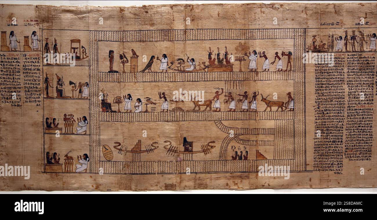 Scènes agricoles. Papyrus du Livre des morts. Période ptolémaïque. Musée égyptien. Turin.Italie. Banque D'Images