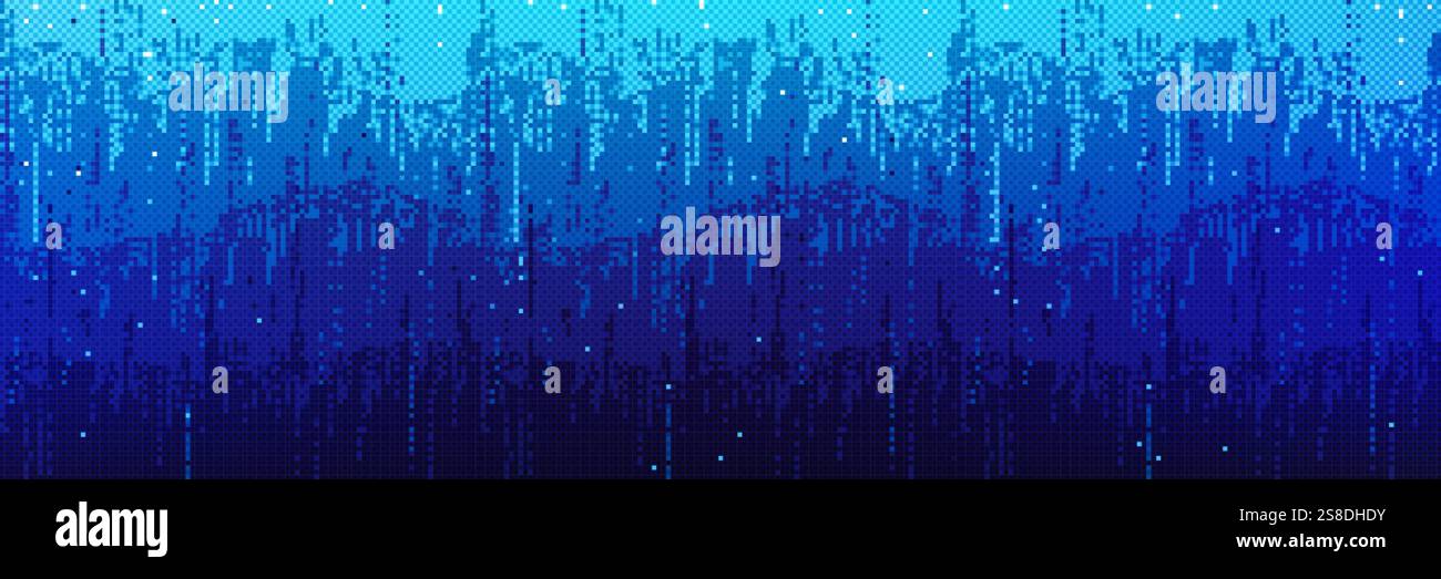 Motif bitmap en pixels avec dégradé bleu. Stries verticales pixélisées en cascade vers le bas. Effet de pluie numérique avec points lumineux dispersés. Cyberpun Illustration de Vecteur
