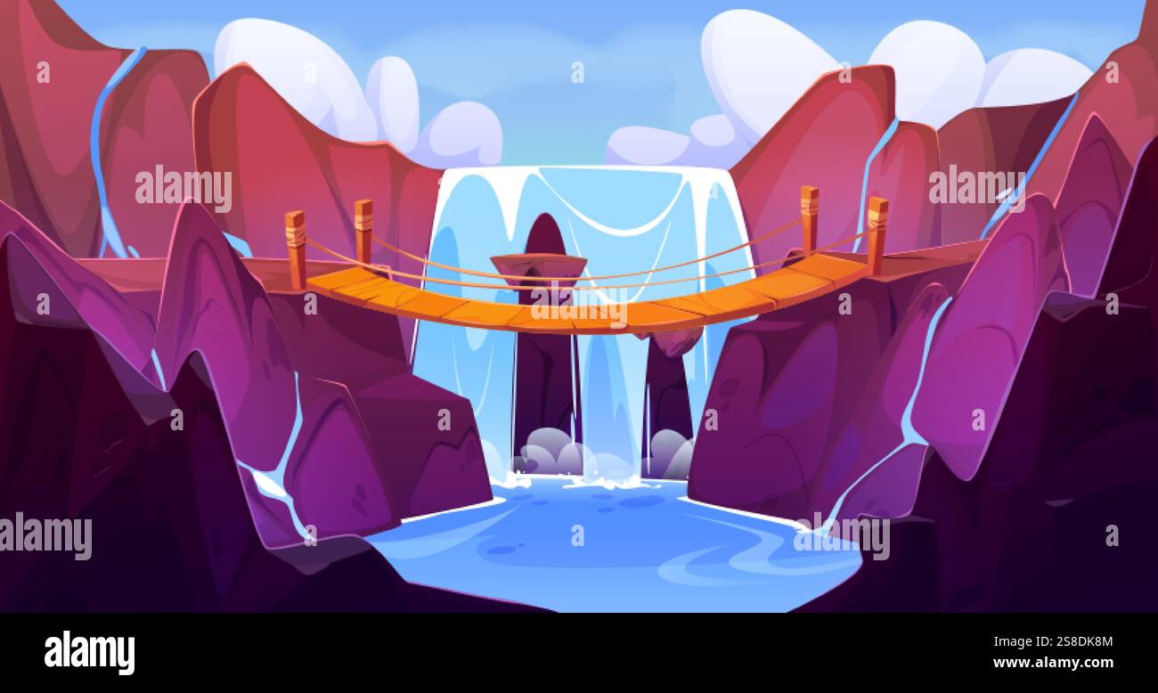 Pont en bois s'étend à travers une cascade en cascade entre les falaises de montagnes rocheuses. Paysage fantastique avec l'eau bleue, éclaboussure de mousse blanche et ciel nuageux Illustration de Vecteur