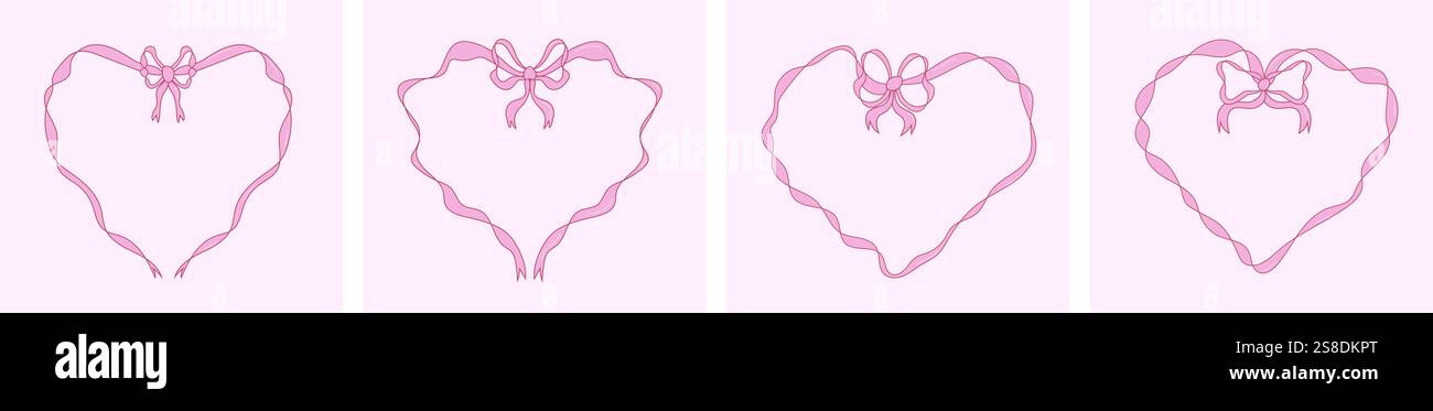 Ensemble de cadres rose coeur Doodle avec des noeuds et des rubans. Bordures de coquette vintage dessinées à la main Illustration de Vecteur