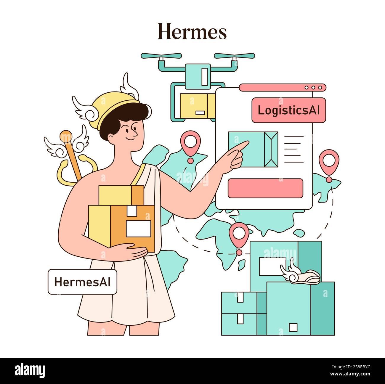Concept d'IA synergie des dieux olympiques. Hermes intègre une IA logistique avancée, optimisant la livraison avec la technologie moderne. Illustration vectorielle. Illustration de Vecteur