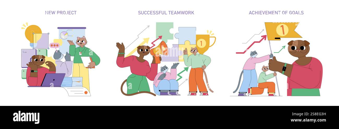 Succès commercial grâce à des projets collaboratifs. La série met en évidence les étapes allant du lancement du projet aux réalisations du travail d'équipe et à l'atteinte des objectifs. Chaque étape illustre l'importance de la collaboration pour obtenir des résultats efficaces. Illustration vectorielle. Illustration de Vecteur