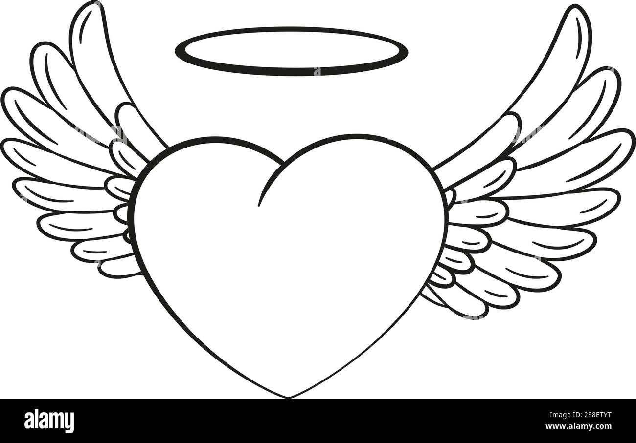 Coeur volant avec des ailes et halo style doodle dessiné à la main noir et blanc logo isolé coeur volant mignon. Coeur d'ange avec des ailes pour tatouage d'affiche de conception graphique Web. Coloriage illustration vectorielle Illustration de Vecteur