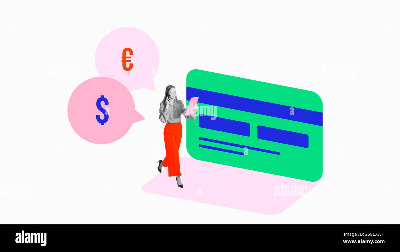 Femme d'affaires marchant avec des documents et le téléphone, marchant en toute confiance carte bancaire soignée et symboles monétaires. Collage d'art conceptuel. Banque D'Images