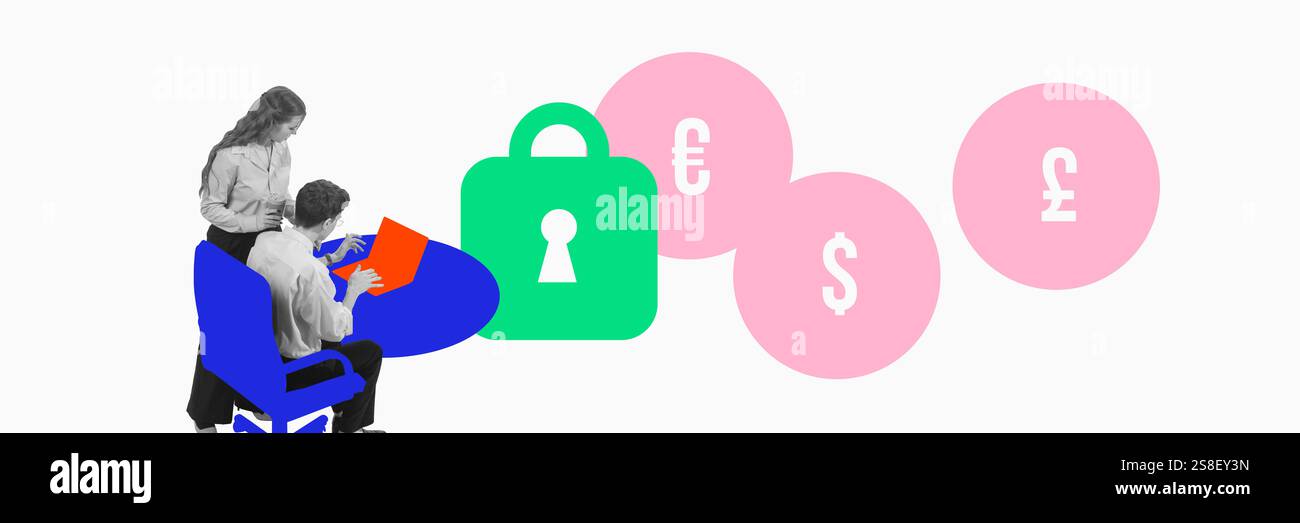 L'équipe commerciale examine les données financières près d'un grand cadenas vert, symbolisant les transactions sécurisées et la sécurité financière. Collage d'art conceptuel. Banque D'Images