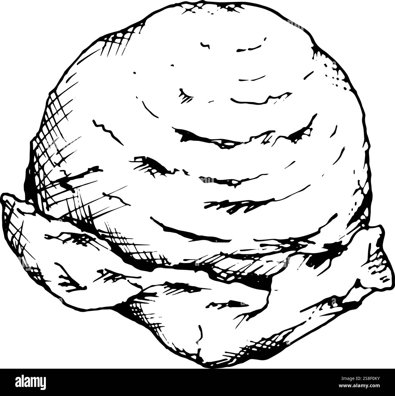 Illustration détaillée en noir et blanc d'une seule boule de crème glacée, dessinée dans un style artistique de croquis à l'encre. Idéal pour les conceptions alimentaires, les menus de boulangerie Illustration de Vecteur