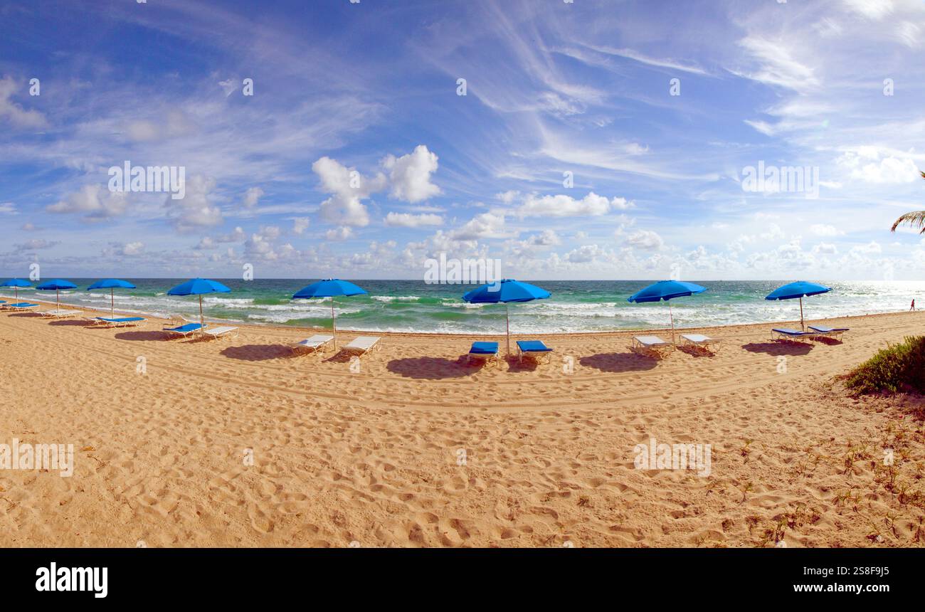 Chaises longues et parasol sur la plage, fort Lauderdale Beach, Floride, États-Unis Banque D'Images