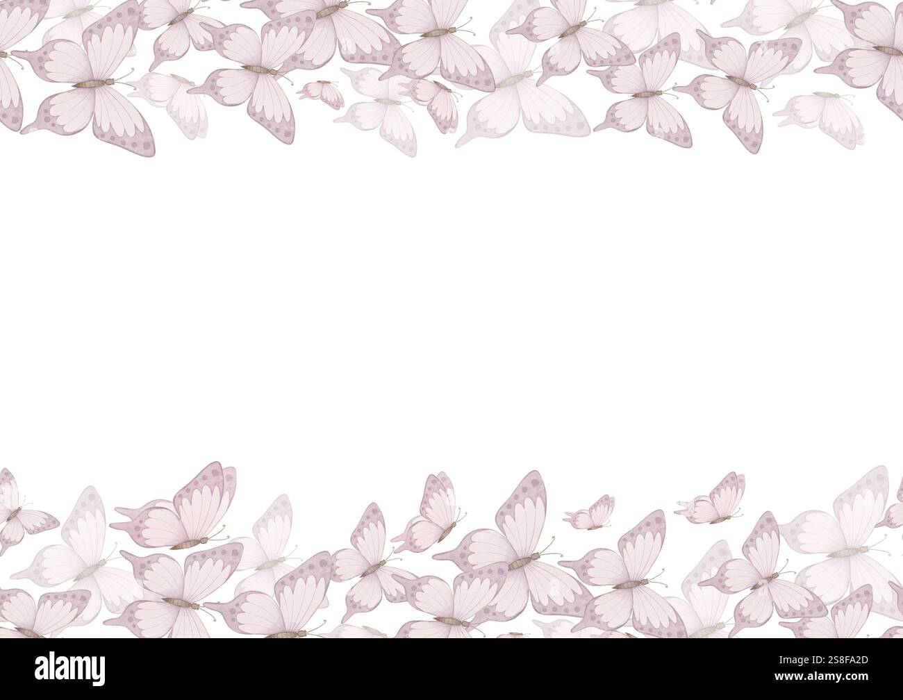 Cadre papillon aquarelle sans couture dans des couleurs rose pastel pour des cartes de voeux enfantines ou des invitations de mariage. Bordure pour modèles de douche de bébé. Motif floral mignon pour les filles. Banque D'Images