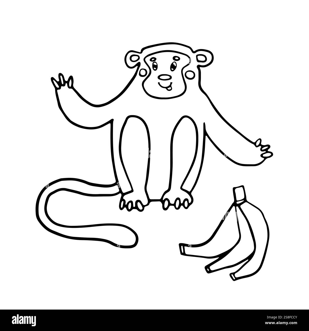 Une illustration ludique en noir et blanc d'un singe mignon avec une peau de banane à proximité. Le singe est montré assis avec une expression amicale, parfait pour Illustration de Vecteur