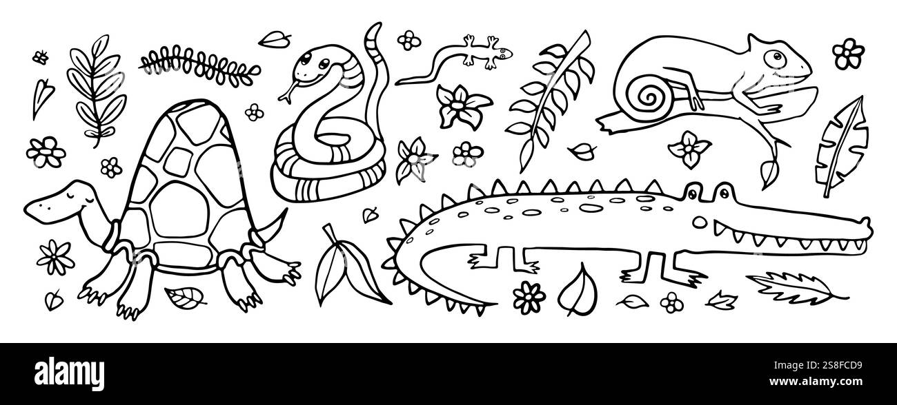 Illustration ludique au trait noir et blanc représentant une tortue, un serpent, un gecko, un escargot et un crocodile au milieu de la flore de la jungle. Illustration de Vecteur
