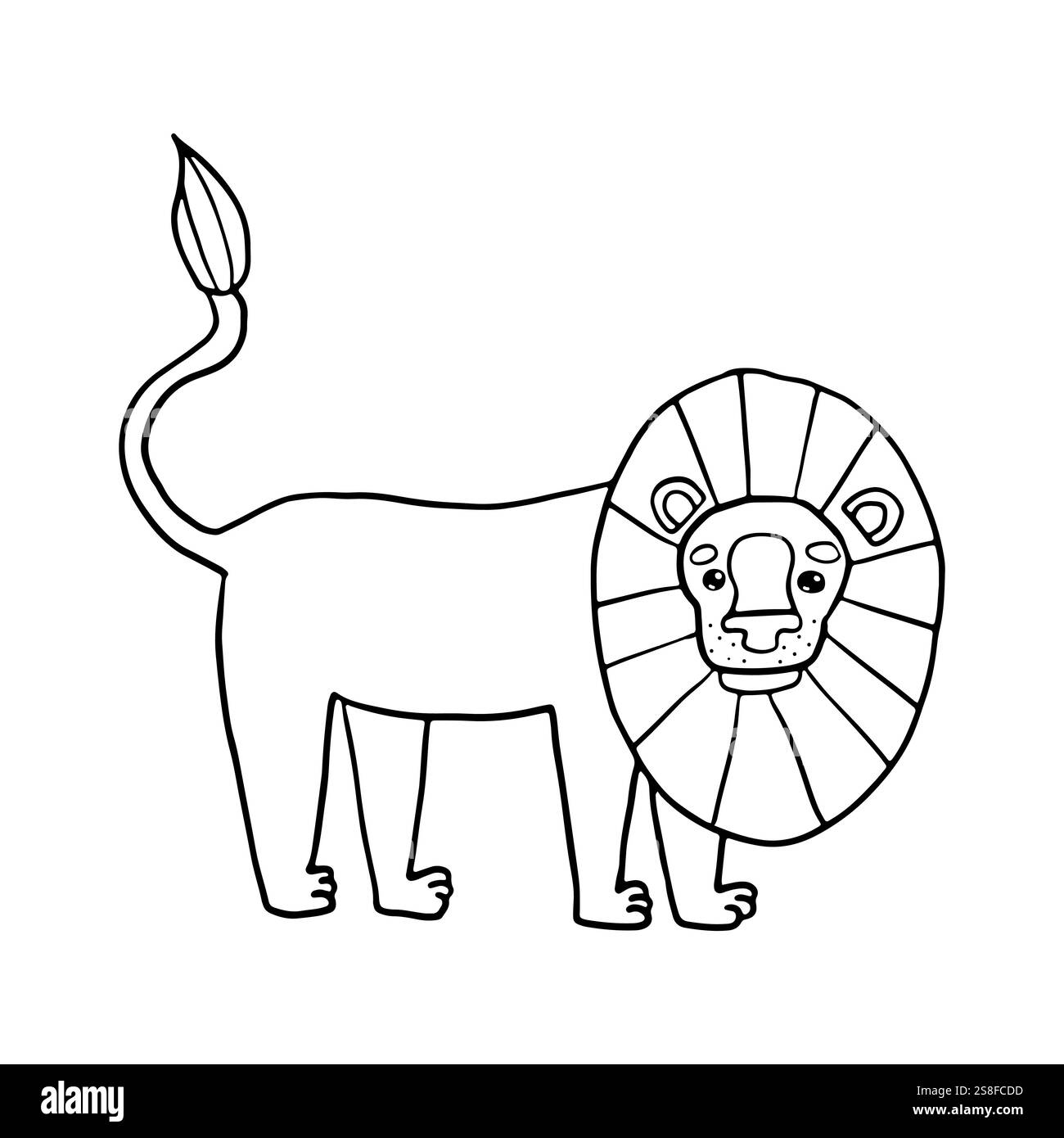 Une illustration frappante de contour noir et blanc d'un lion debout fièrement avec sa crinière détaillée. Cette œuvre est parfaite pour le matériel éducatif, Illustration de Vecteur