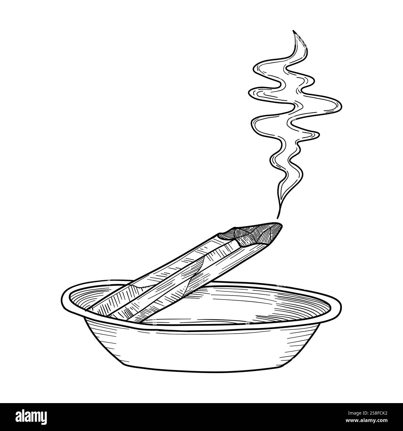 Dessin au trait de l'encens palo santo brûlant dans un bol avec de la fumée qui coule, représentant la paix, la pleine conscience et le bien-être dans le spirituel ou la relaxation-focu Illustration de Vecteur