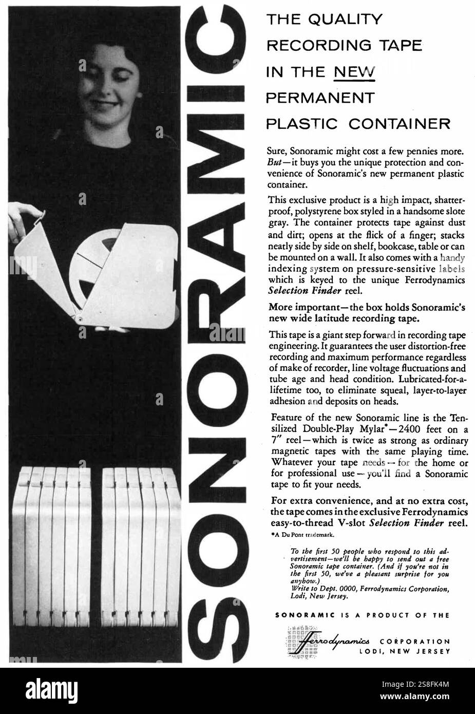 1958 FerroDynamics Corp Lodl New Jersey - bande d'enregistrement sonoramique large latitude dans l'annonce de conteneur en plastique permanent Banque D'Images