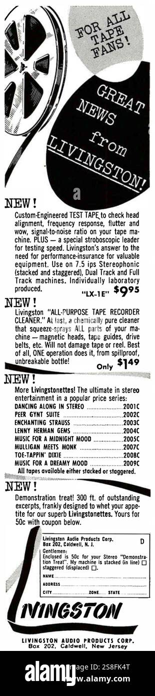 1958 Livingston Audio Products Corp NJ magnétoscopes annonce Banque D'Images