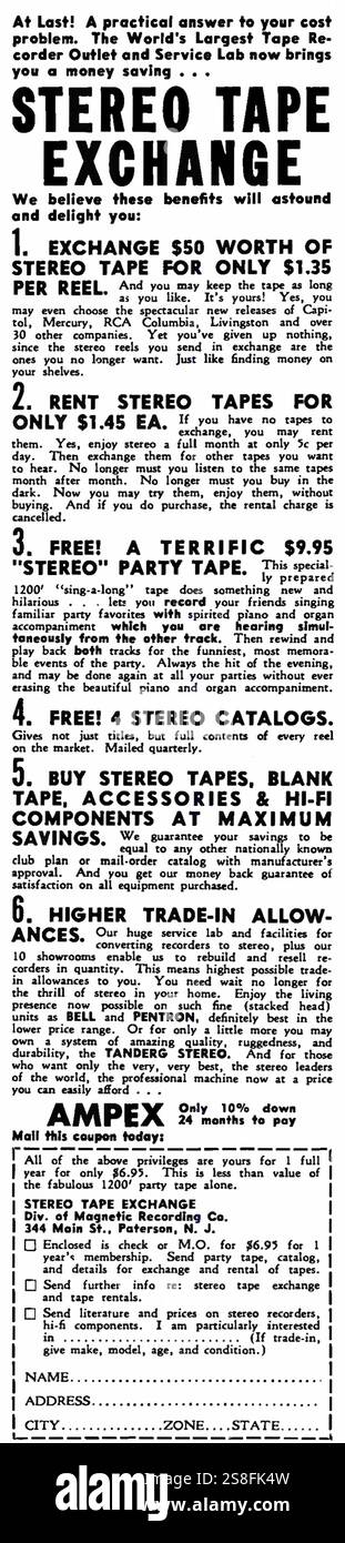 1958 annonce d'échange de cassettes stéréo Ampex Banque D'Images