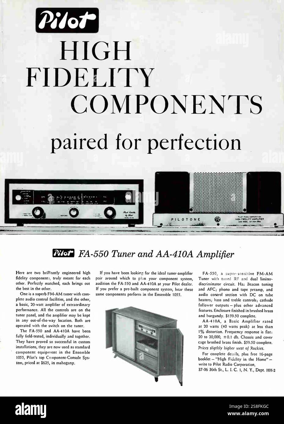 1958 Pilot Tuner FA-550 et AA-410A amplificateur ad Banque D'Images