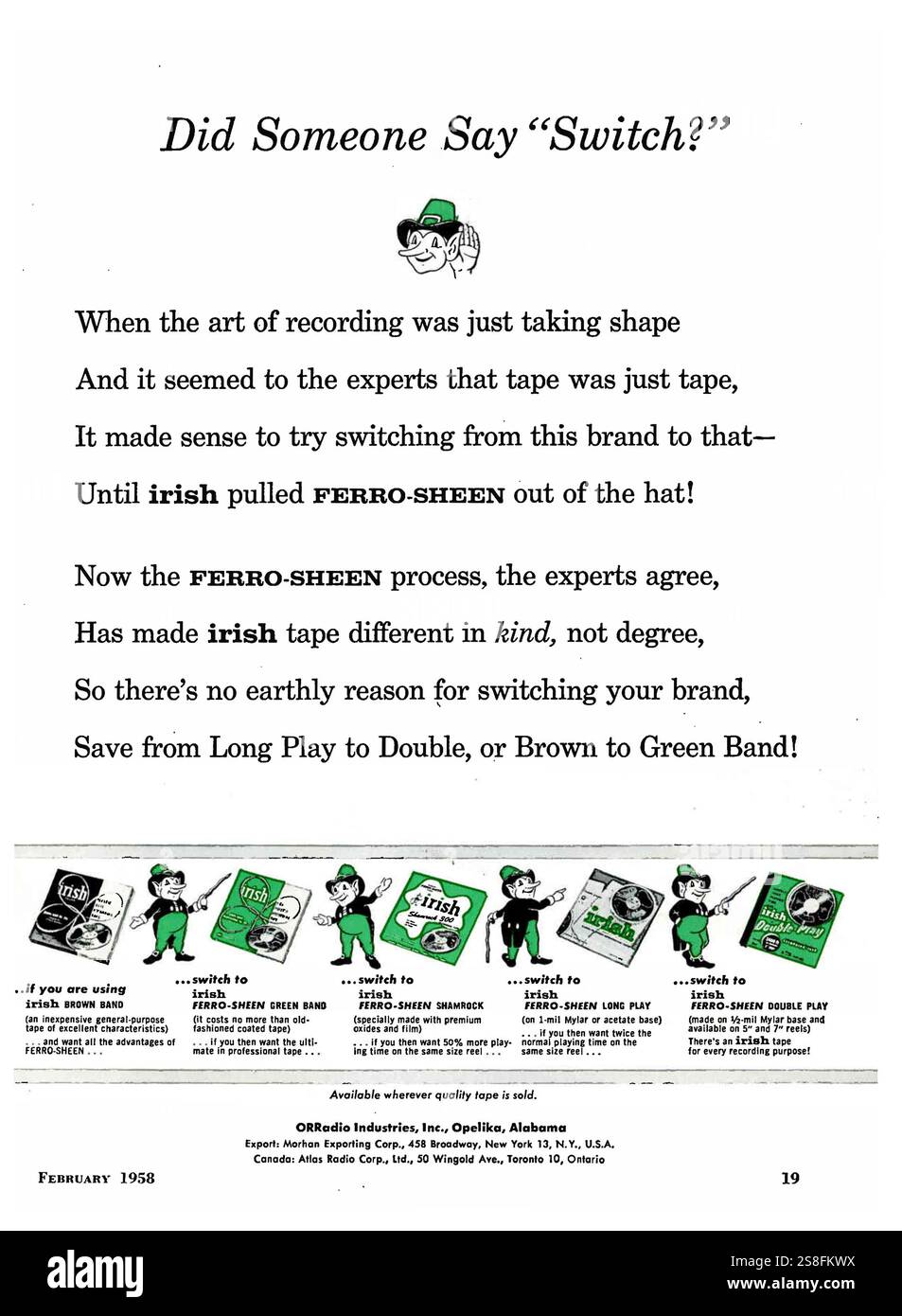 1958 ORRadio Industries Inc Alabama Ferro-Sheen Irish tape ad Banque D'Images