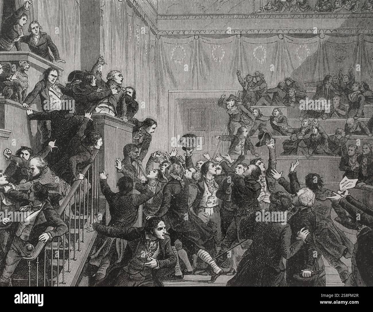 Révolution française. Réaction thermidorienne. Le coup d'État du 9 Thermidor an II. le 27 juillet 1794, Robespierre prononce son discours à la Convention nationale sous les cris des Thermidoriens. Le 9 Thermidor à la Convention. Gravure. "Histoire de la Révolution française". Volume I, deuxième partie, 1879. Banque D'Images