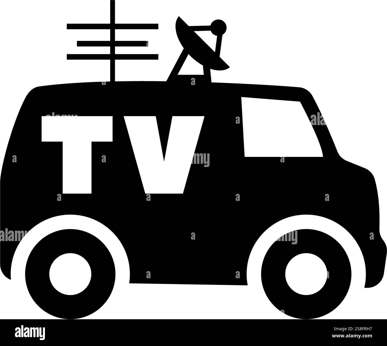 Icône vectorielle d'un fourgon de nouvelles TV avec antenne parabolique pour la couverture médiatique. Illustration de Vecteur