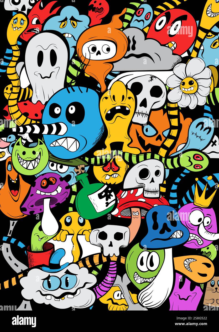 Doodle motif avec différents monstres colorés. Illustration de Vecteur