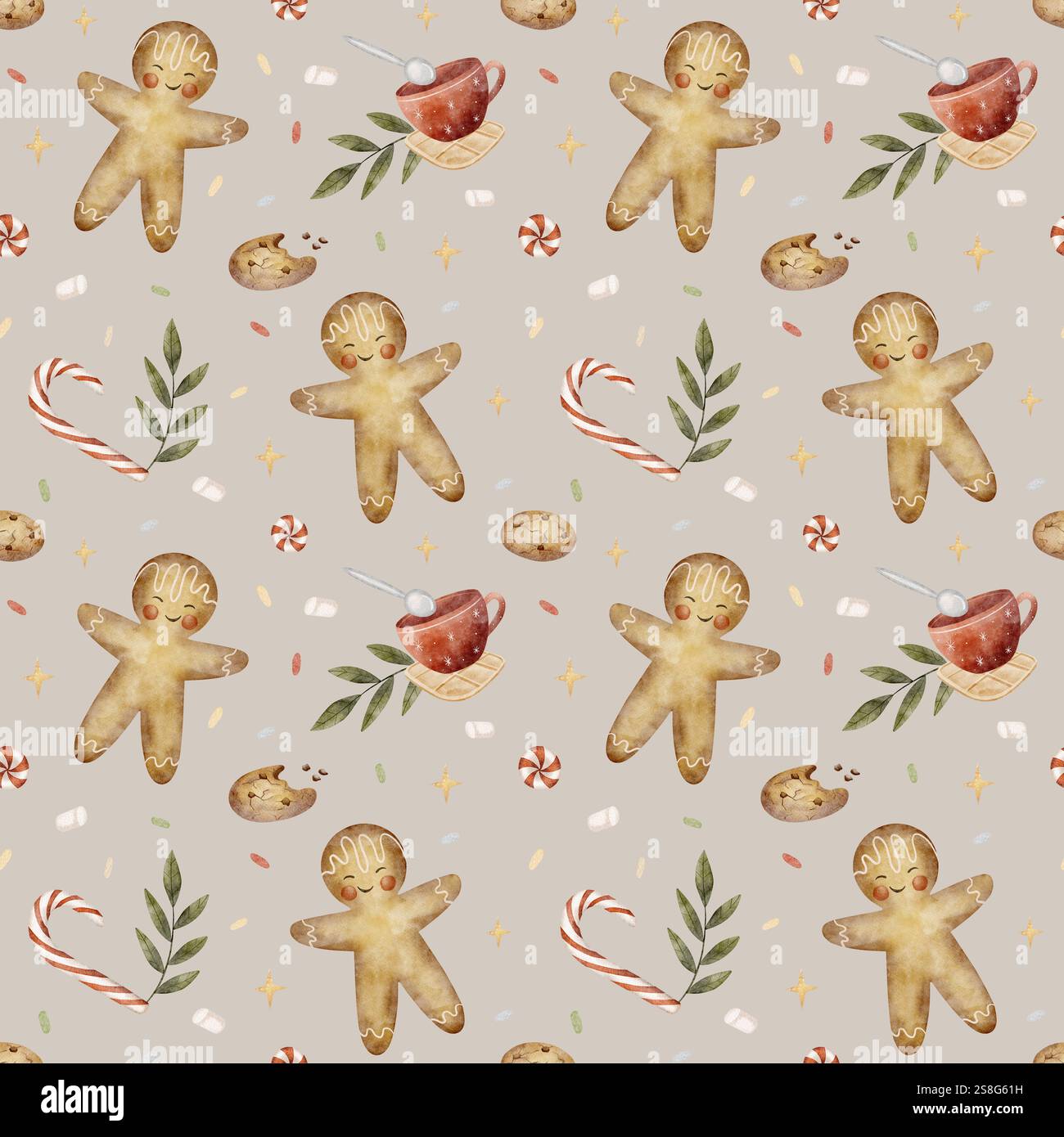 Motif aquarelle homme en pain d'épice, bonbons, sucettes, biscuits à l'avoine. Illustration dans le style du nouvel an des enfants. Imprimé de Noël sur moka Banque D'Images