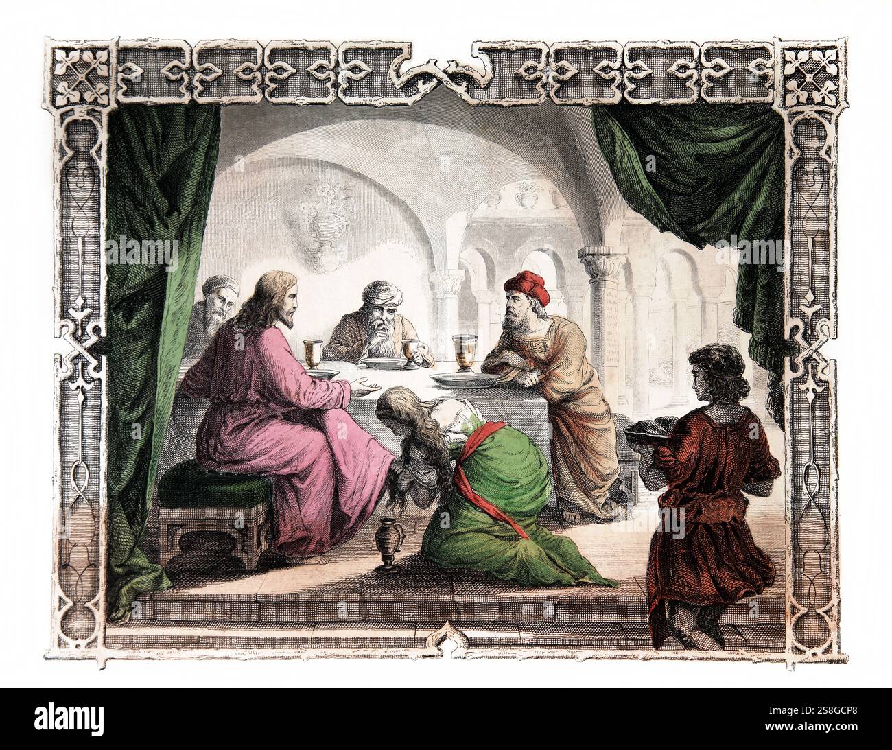 Marie-Madeleine lors D'Un banquet à la Maison du pharisien lavant les pieds de Jésus avec ses larmes et les séchait avec ses cheveux et les parfumait avec un onguent Banque D'Images