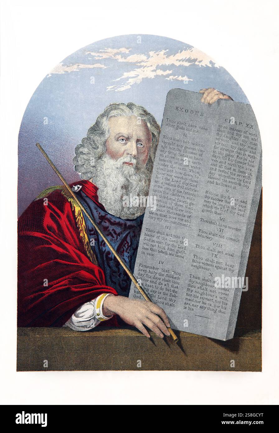 Illustration de Moïse avec les tablettes de la Loi (dix Commandements) de l'antique 19ème siècle la Bible de famille illustrée nationale - la Sainte Bible avec Banque D'Images