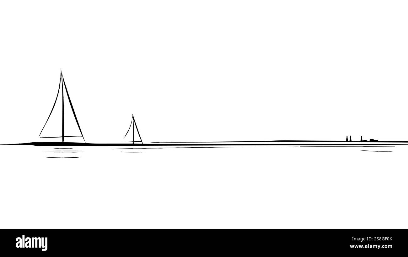 Voyage en mer d'une ligne d'art en continu. Sea voyage vacances île tropicale bateau yacht de luxe voyage concept esquisse de conception Illustration de Vecteur