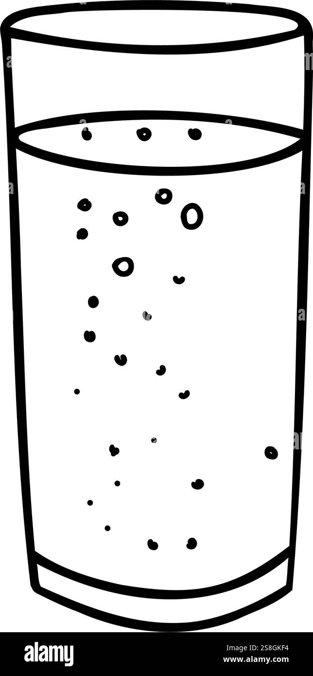 Grand verre avec de l'eau avec des bulles ou une boisson Fizzy. Un dessin de contour noir et blanc. Illustration de style minimaliste dans Doodle style isolé sur un Illustration de Vecteur