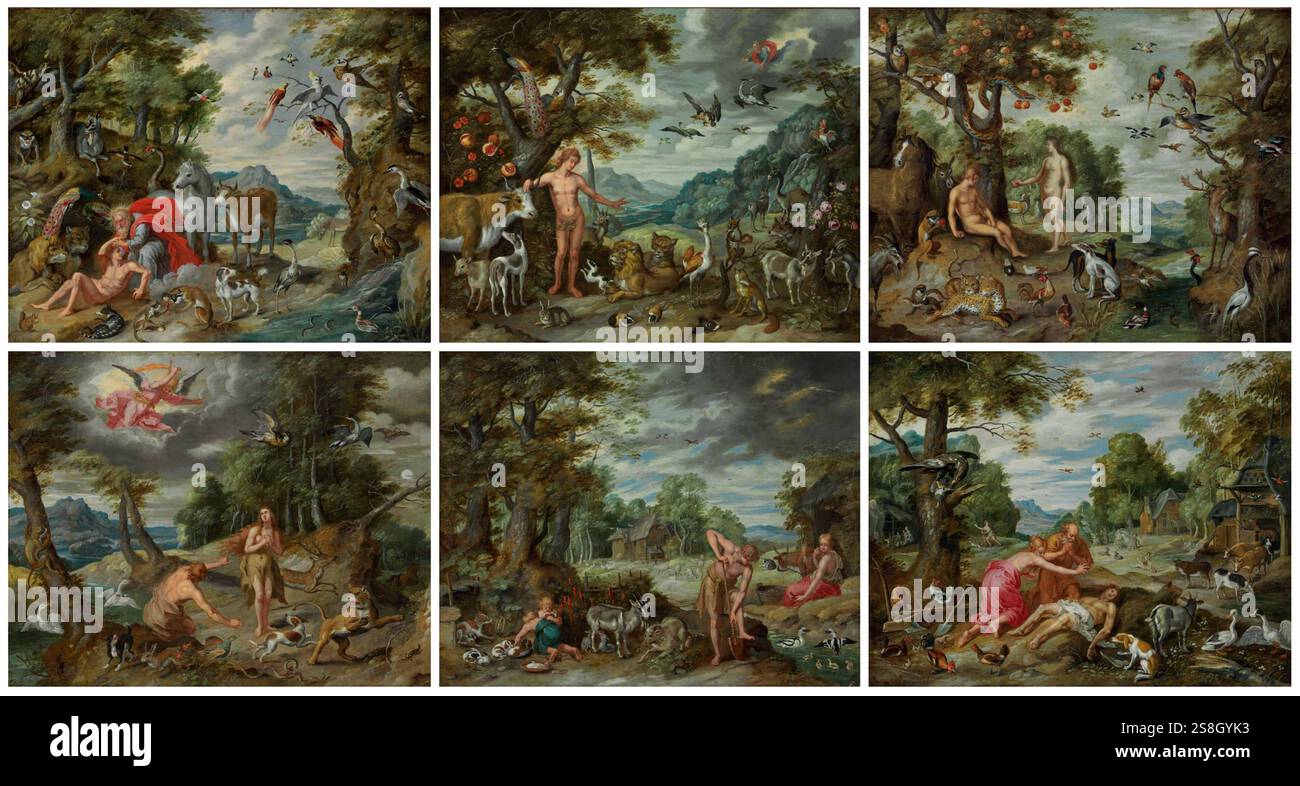 Jan Breughel II (Anvers 1601-1678) L'histoire d'Adam et Ève : la création d'Adam ; Adam nommant les animaux ; la tentation d'Adam ; l'expulsion du Paradis ; Adam à l'œuvre dans les champs ; et la mort d'Abel Banque D'Images