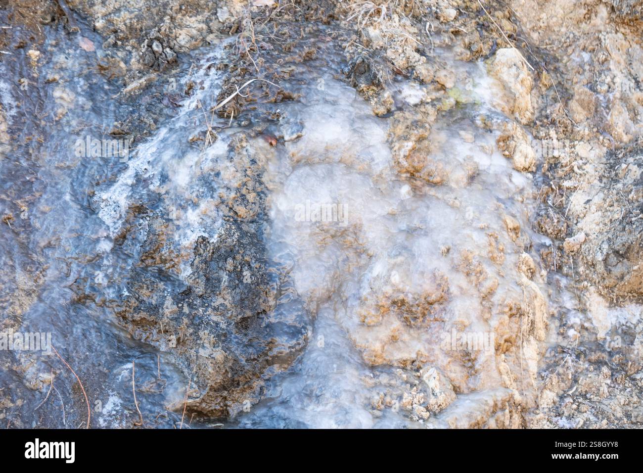 Un rocher avec une substance blanche dessus. La roche est sale et a une couleur grisâtre Banque D'Images