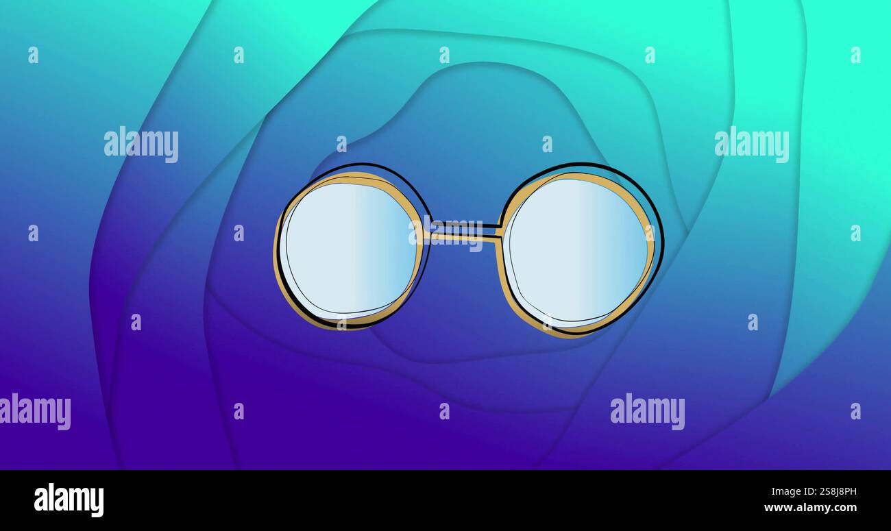 Image de lunettes et de lunettes de soleil changeantes sur fond liquide abstrait bleu Banque D'Images