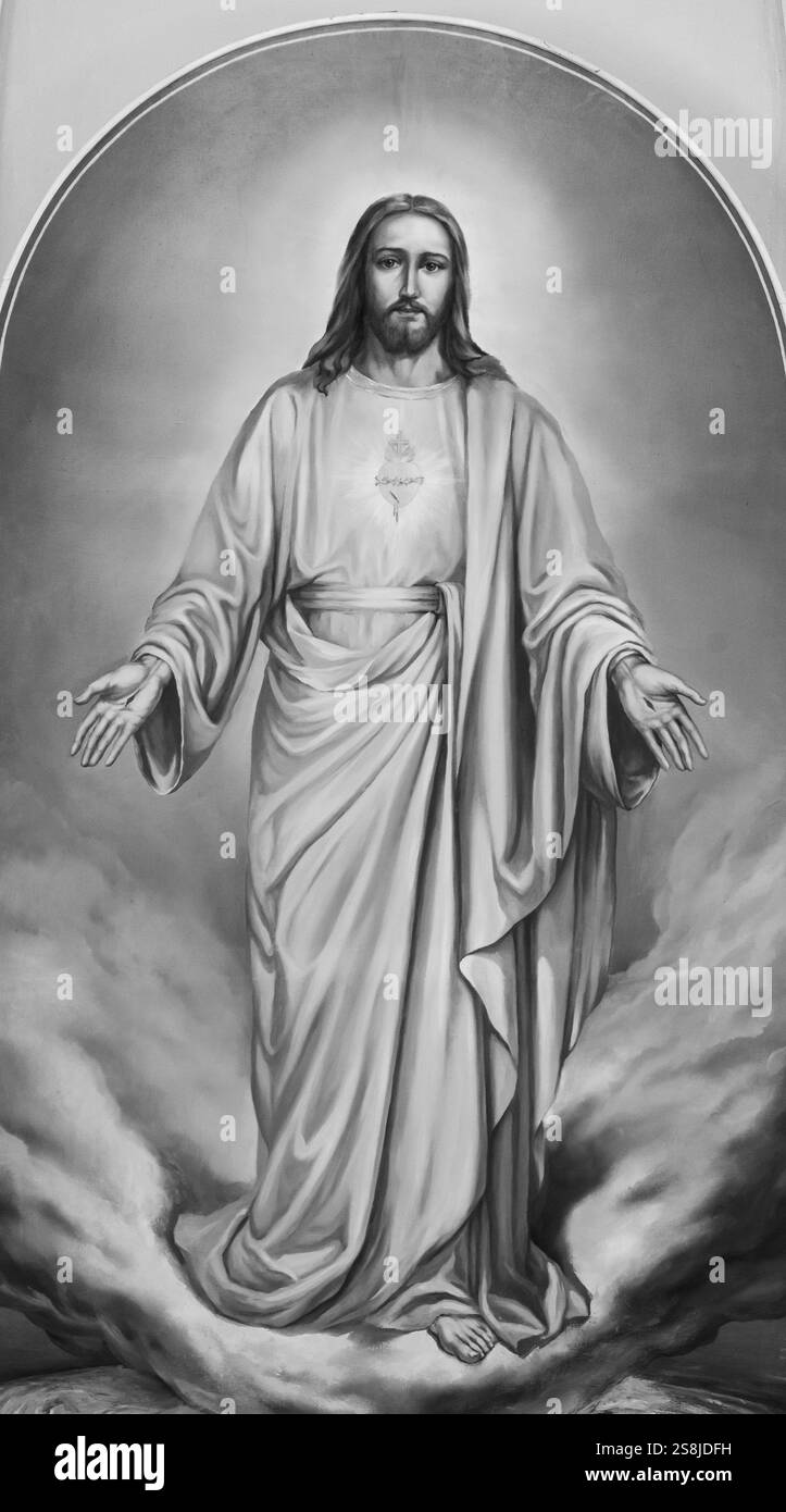 Une peinture du très Sacré cœur de Jésus. Église catholique de Sainte Thérèse de l'enfant Jésus à Riga, Lettonie. Banque D'Images